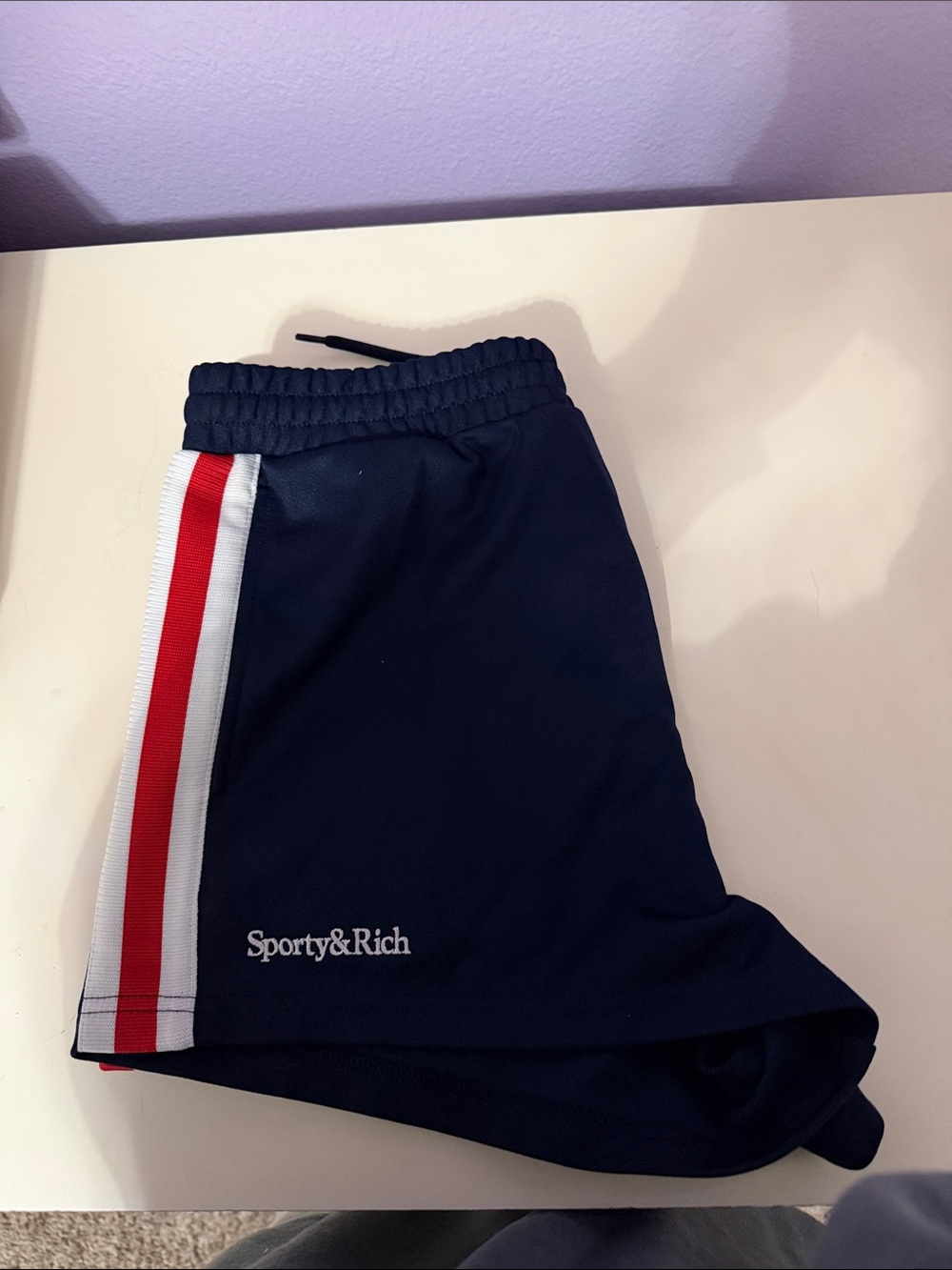 Sporty & Rich Navy Shorts with Red and White Side Stripes - Picture 4 of 4